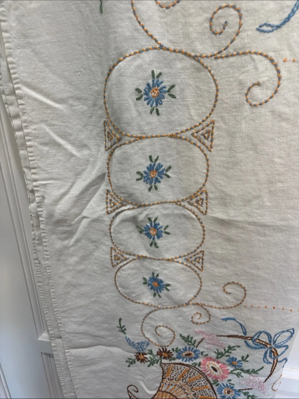 Vintage Floral embroidered linen tablecloth